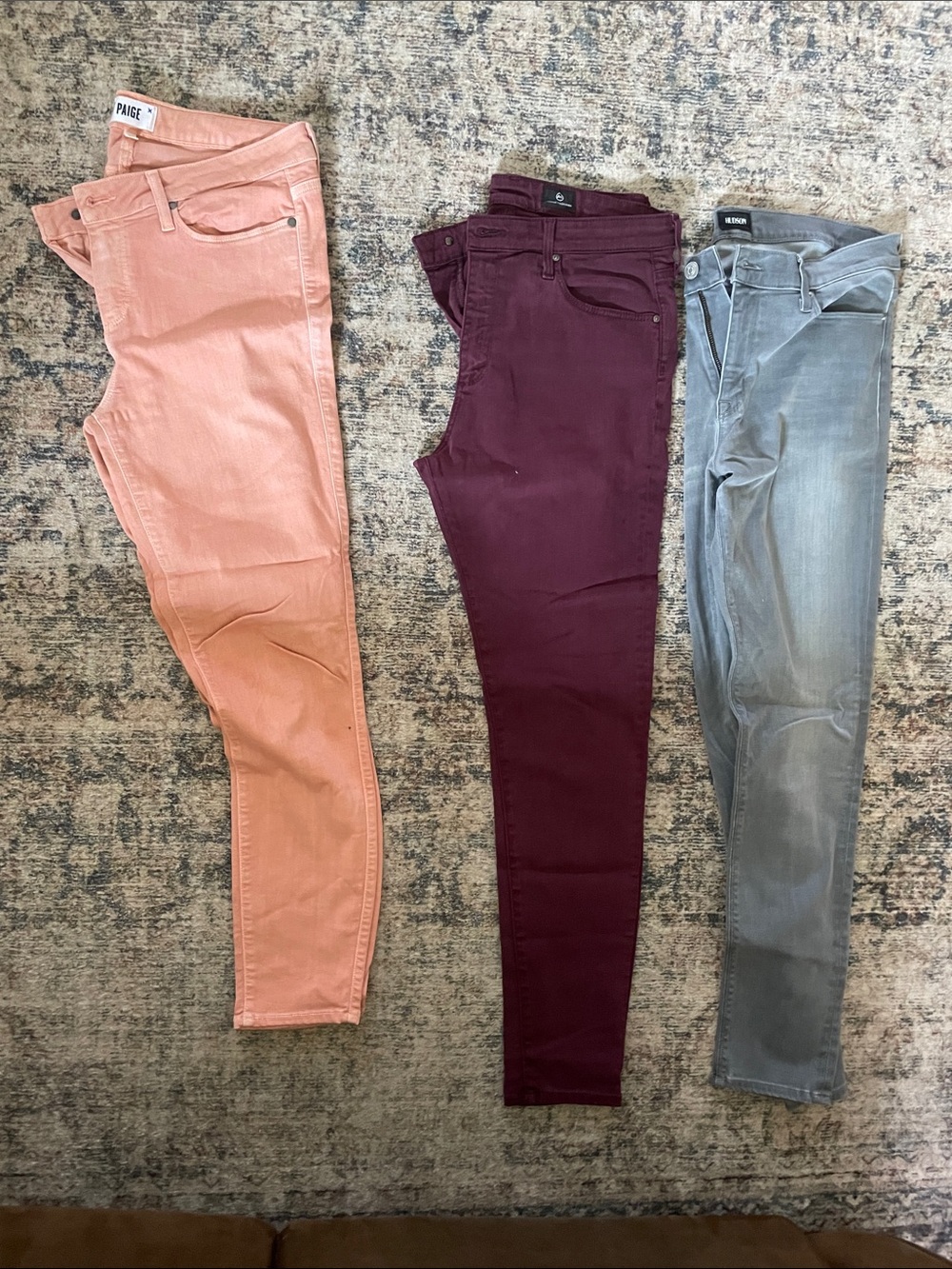 PAIGE, Hudson, AG Skinny Jeans in Peach, Burgundy, and Gray